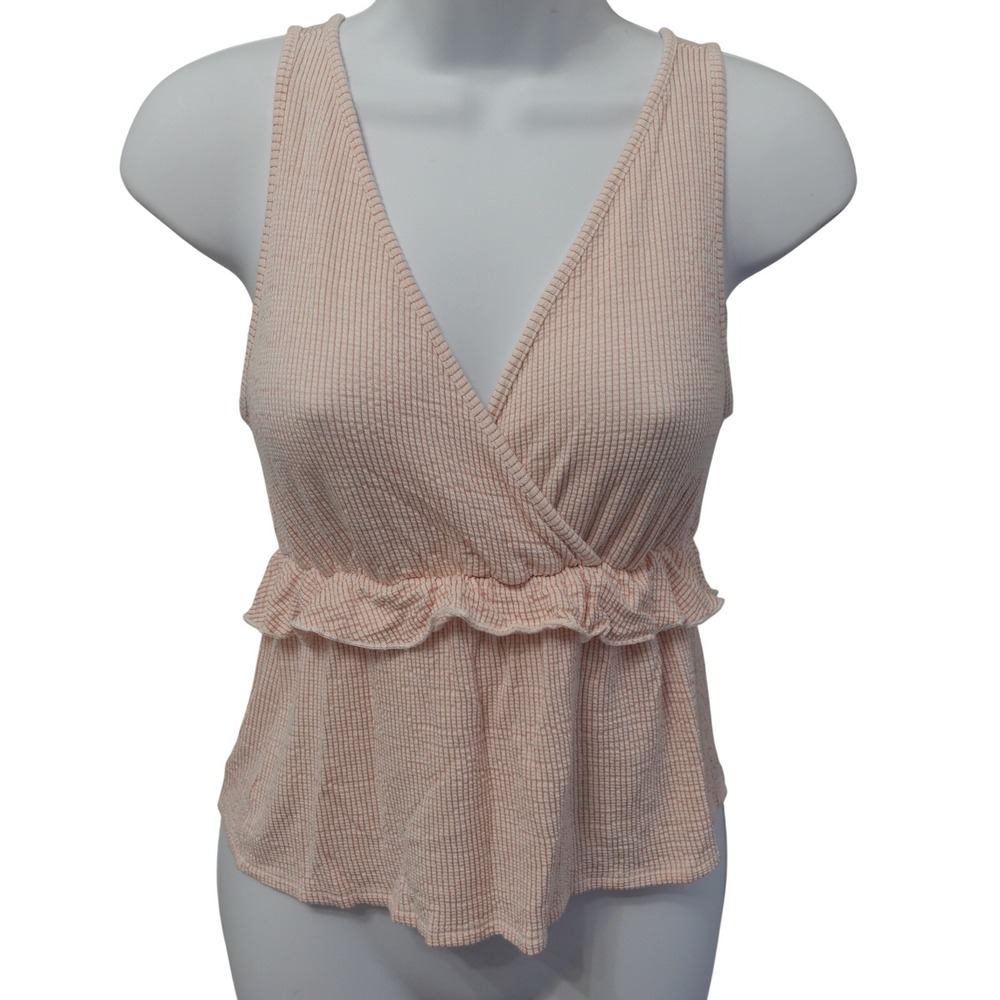 Vtg Y2K Babydoll Tank Top Pink Ruffled Peplum Cami Textured Knit Boho Cottage XS